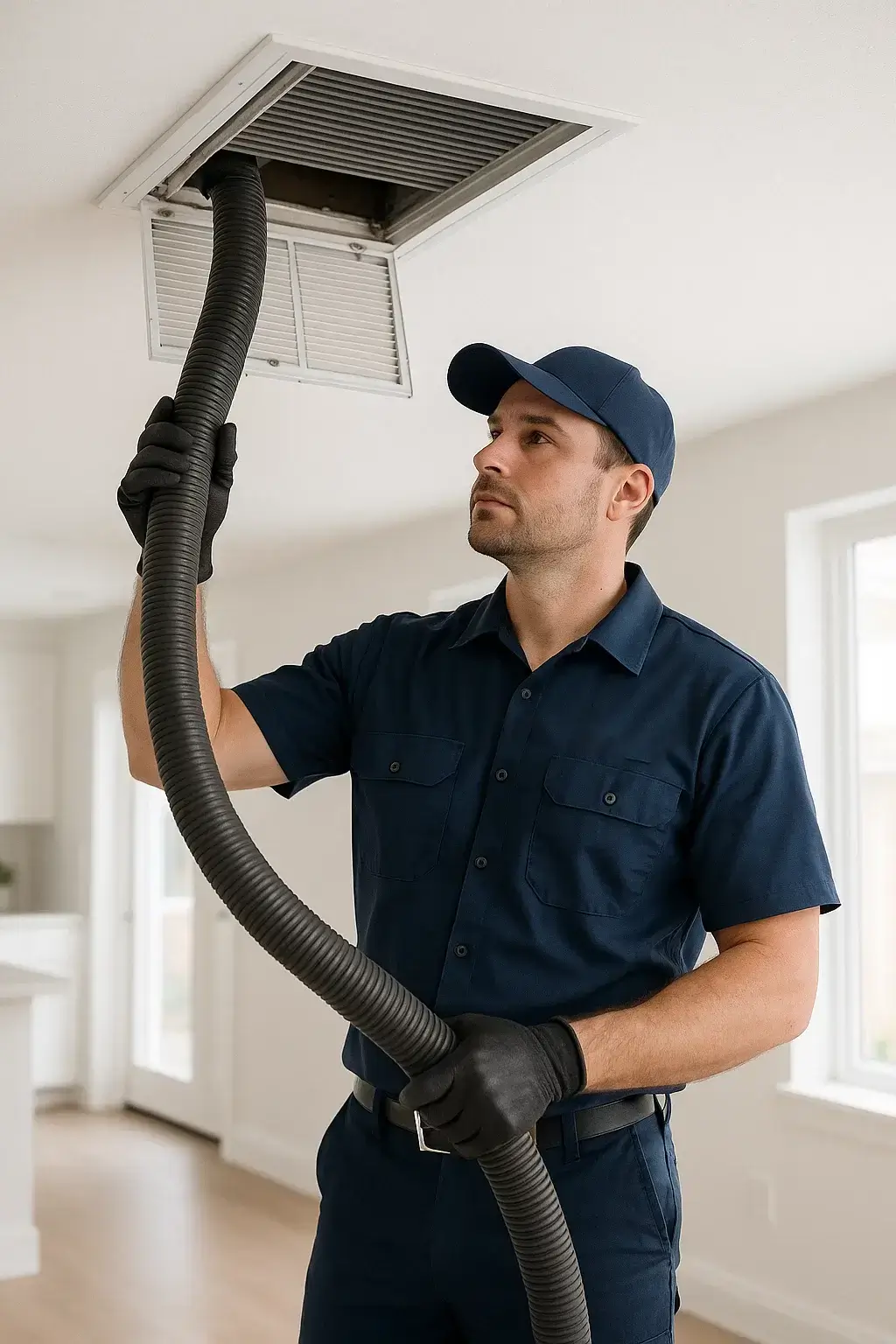 Professional Spring Air Ducts Cleaning TX  technician cleaning an air vent inside a bright modern home