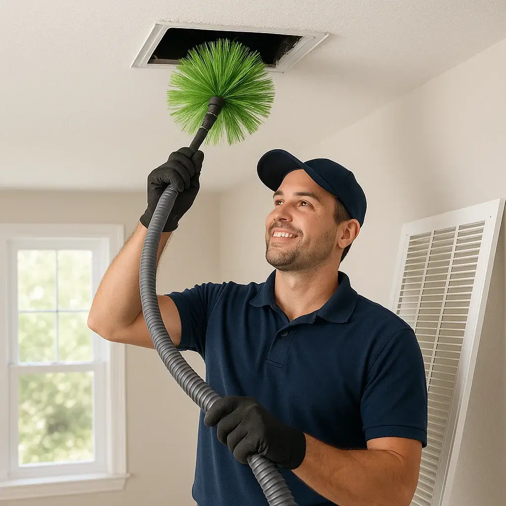 Professional technician performing detailed air duct cleaning in Spring TX home