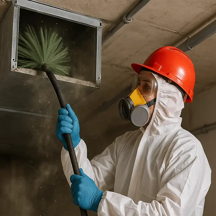 Technician performing same day emergency air duct cleaning in Spring TX home